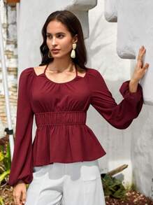 Bohemela Solid Lantern Sleeve Peplum Blouse - Burgundy - View 5