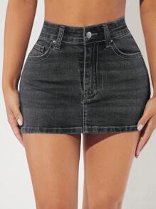 SHEIN PETITE 素色緊身牛仔半身裙