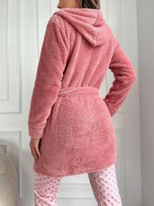 RueChic Cat Embroidery Hooded Belted Teddy Coat - Pink - View 2