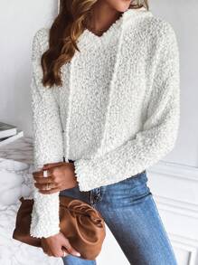 SHEIN LUNE Áo len chui đầu có mũ, vai rớt, màu trơn, thích hợp cho mùa thu đông. - trắng - Xem 5