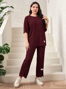 Mulvari Burgundy Red Plus Letter Patched Drop Shoulder Tee & Split Hem Pants 2 Piece Set - Burgundy - View 5