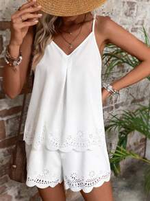Breezaya Hollow Cut Scallop Trim Split Back Cami Top & Shorts