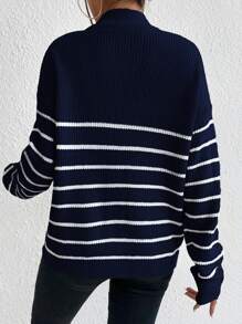 Calvaya Striped Pattern Half Zip Drop Shoulder Jumper - Royal Blue - View 2