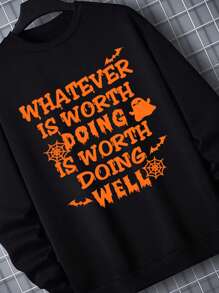 Manfinity Homme Men Halloween Bat & Slogan Graphic Sweatshirt - Black - View 3