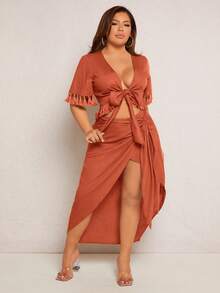 SHEIN SXY 大碼素色側打結圍裹下擺半身裙 - 棕色 - 查看 4