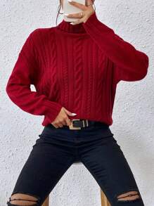 Chiquease 高領麻花編織落肩袖套頭毛衣 - 紅色 - 查看 6