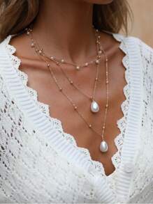 2 cái/bộ Đồ trang trí Ngọc Trai giả Vòng cổ nhiều lớp - Vàng - Xem 2