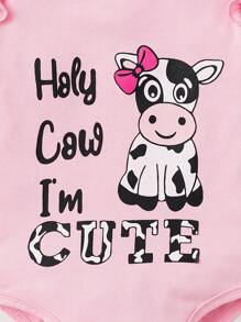 SHEIN 女嬰奶牛&標語圖案荷葉邊連身背心&喇叭褲＆ 頭巾 - 彩色 - 查看 6