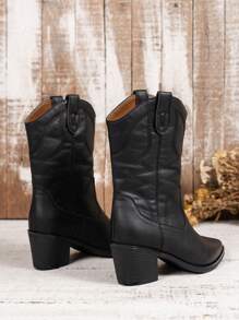女式秋冬戶外優雅西部風格靴子，女性牛仔靴 - 黑色 - 查看 5