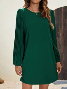 SHEIN LUNE Solid Lantern Sleeve Tunic Dress - Dark Green - View 4