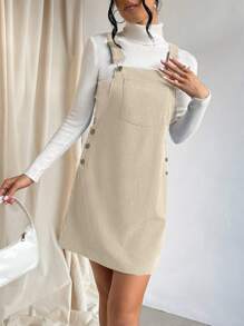 SHEIN EZwear Váy liền quần túi vá không có áo len, nút cài thường ngày cho nữ, dây đeo không tay túi vừa vặn màu mơ ngắn, yếm trơn cho nữ, váy ngắn mùa xuân/thu, trang phục thường ngày thường ngày - Màu be - Xem 4