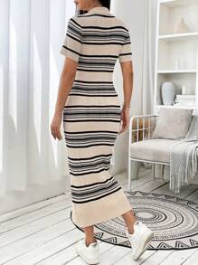 SHEIN EZwear 條紋圖案條紋針織毛衣洋裝 - 米色 - 查看 2