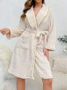 Viền rìa Thắt lưng Flannel ÁO choàng mặc nhà - Màu be - Xem 1