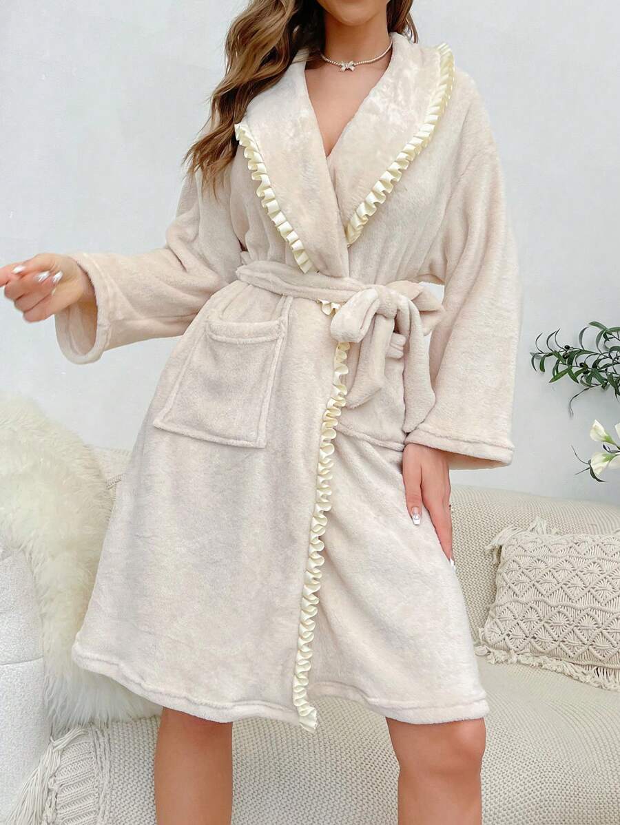 Viền rìa Thắt lưng Flannel ÁO choàng mặc nhà - Màu be - Xem 1