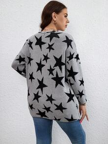 SHEIN LUNE Áo khoác cardigan hở vai họa tiết ngôi sao cỡ lớn - Xám - Xem 2