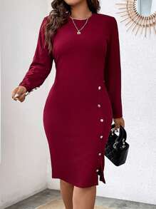 Celure Plus Button Detail Split Hem Bodycon Dress Burgundy Color Women Outfit - Burgundy - View 5