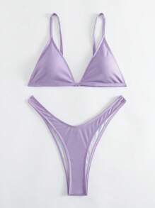 SHEIN Swim Summer Beach Triangle High Cut Bikini Set Sexy Bikini Set, Vacation Bikini - Lilac Purple - View 4