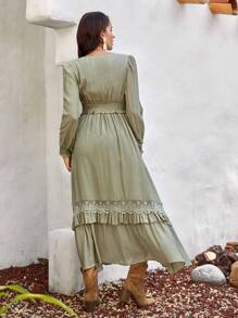 Bohemela Guipure Lace Insert Ruffle Trim Lantern Sleeve Dress - Army Green - View 2