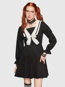 ROMWE J-Fashion 水手領百褶下擺洋裝不附腰帶 - 黑色 - 查看 2
