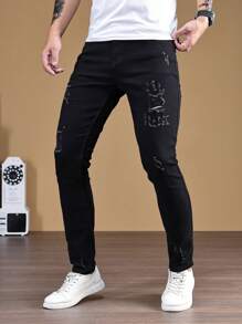 Manfinity Homme Men Ripped Frayed Skinny Jeans, Men Black Jeans, Men Distressed Jeans, Men Skinny Jeans - Black - View 4