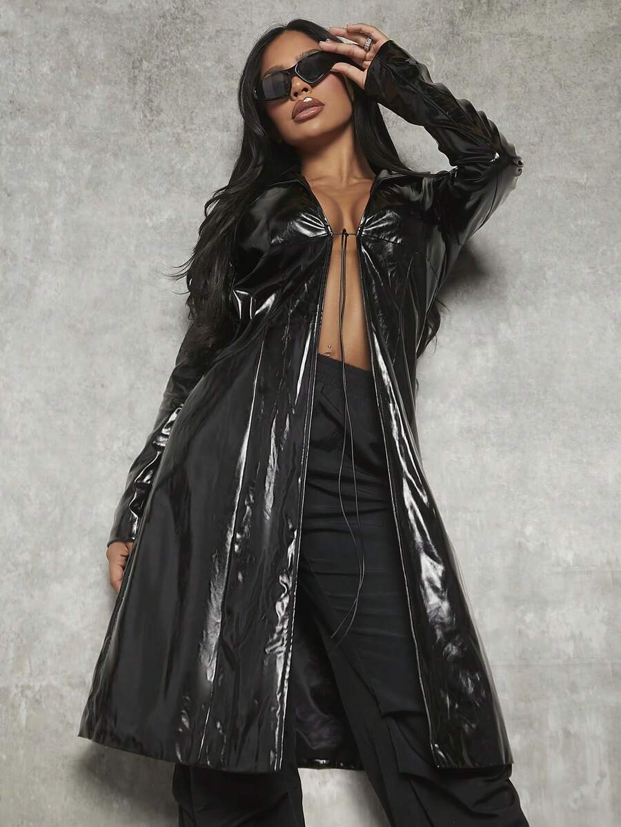 SHEIN SXY Solid PU Leather Longline Coat - Black - View 1