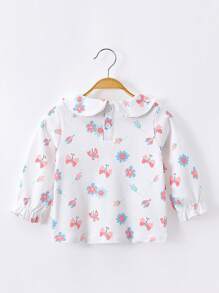 Girls Floral Print Peter Pan Collar Flounce Sleeve Tee