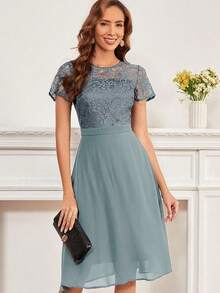 Contrast Lace A-line Dress - Dusty Blue - View 6