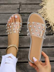 女士流行夏季開放式腳趾涼鞋,具有透氣設計和鑲嵌鑽石裝飾 - 卡其色 - 查看 3