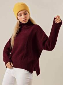 EURMUSE Solid Turtleneck Drop Shoulder Sweater - Burgundy - View 3