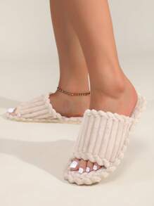 Dép đi trong nhà đế dày ấm áp bằng vải nhung hở mũi cho nữ, đi trong nhà và ngoài trời, giày lười đi trong nhà bằng xốp, mùa thu/đông - Màu be - Xem 5