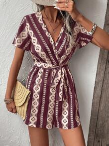 SHEIN LUNE In Địa lý áo tay bướm Thắt lưng Romper - Màu Đỏ Sâu - Xem 6