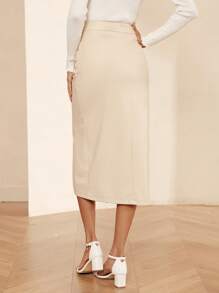 SHEIN Clasi 高腰圍裹下擺PU皮革半身裙 - 杏色 - 查看 2