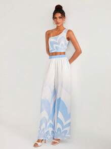 Twist and Jam 單肩短款上衣&闊腿褲 - 藍白色 - 查看 1