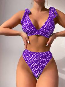 Conjunto bikini de estampado floral pequeño con tirantes ajustables - Morado - Ver 1