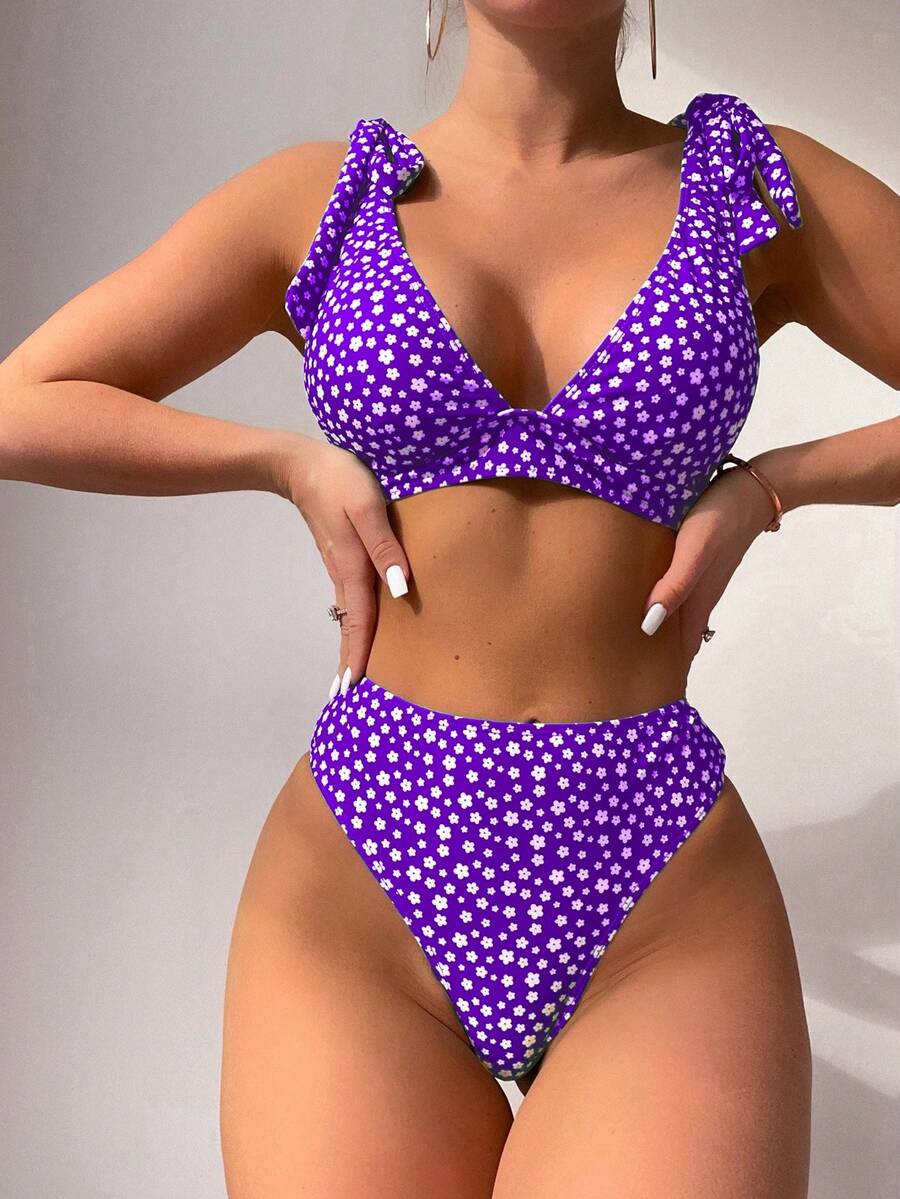 Conjunto bikini de estampado floral pequeño con tirantes ajustables - Morado - Ver 1