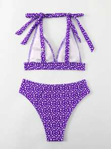 Conjunto bikini de estampado floral pequeño con tirantes ajustables - Morado - Ver 2