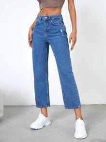 Cottnline High Waist Ripped Straight Leg Jeans - Medium Wash - View 1