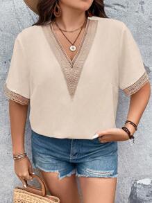 Breezaya Plus Contrast Guipure Lace Blouse - Apricot - View 4