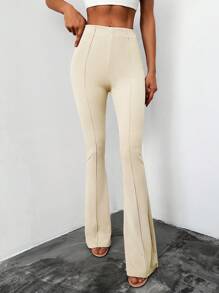 EURMUSE High Waist Flare Leg Trousers - Beige - View 3