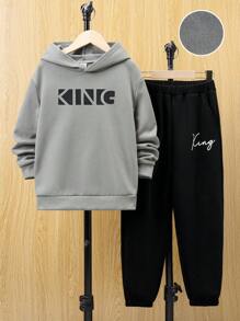 SHEIN Cậu bé Tween Đồ họa Chữ cái Áo Hoodie & Quần thể thao - Nhiều màu - Xem 1