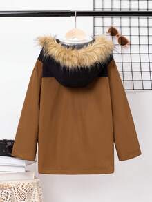 SHEIN Tween Boy 1pc Letter Graphic Fuzzy Trim Hooded Thermal Lined Coat - Brown - View 2