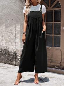 SHEIN LUNE Mono overol unicolor de pierna ancha sin camiseta - Negro - Ver 3