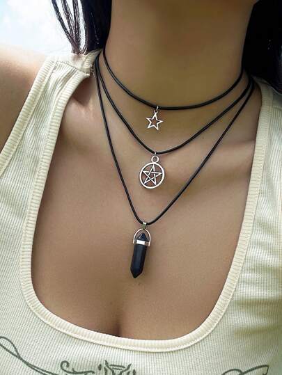 Fairycore 3pcs Fashion Star & Geometric Charm Necklace For Women For Daily Decoration