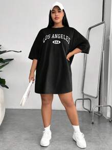 SHEIN EZwear 加大字母图案落肩 T 恤连衣裙加大码 T 恤女童 sy2k 加大码服装超大码 T 恤女式 - 黑色 - 查看 6