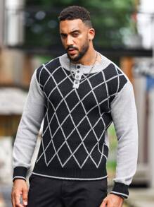 Manfinity Homme Men Argyle Pattern Quarter Button Sweater