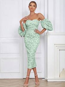 Off Shoulder Puff Sleeve Split Back Floral Jacquard Dress - Green - View 5