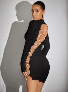 SHEIN BAE Lace Up Side Bodycon Dress - Black - View 6