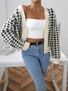 SHEIN Privé Houndstooth Pattern Drop Shoulder Cardigan - Black and White - View 4