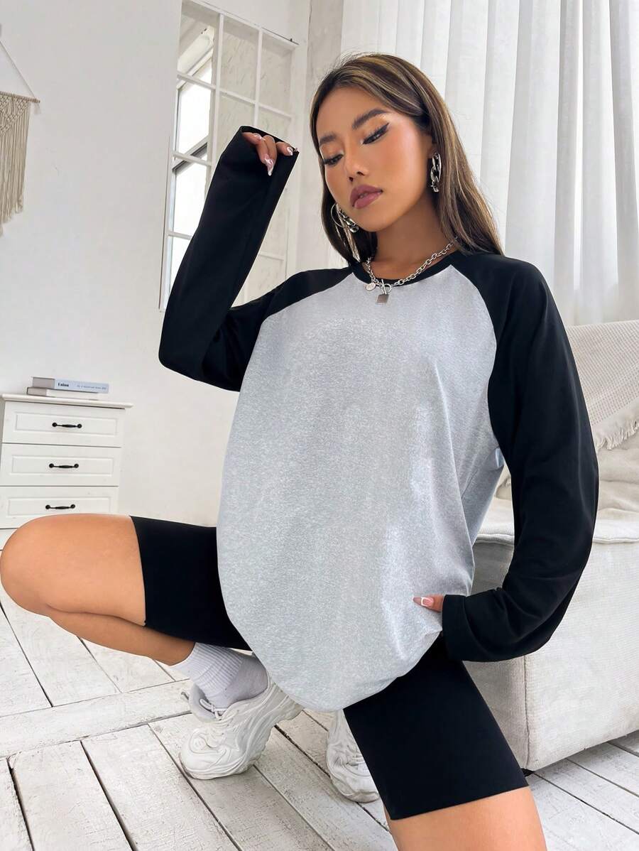 SHEIN Unity Áo thun tay Raglan phối màu họa tiết áo thun nữ - Xám - Xem 1