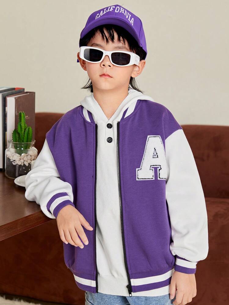 Tween Boy Letter Graphic Two Tone Drop Shoulder Varsity Jacket